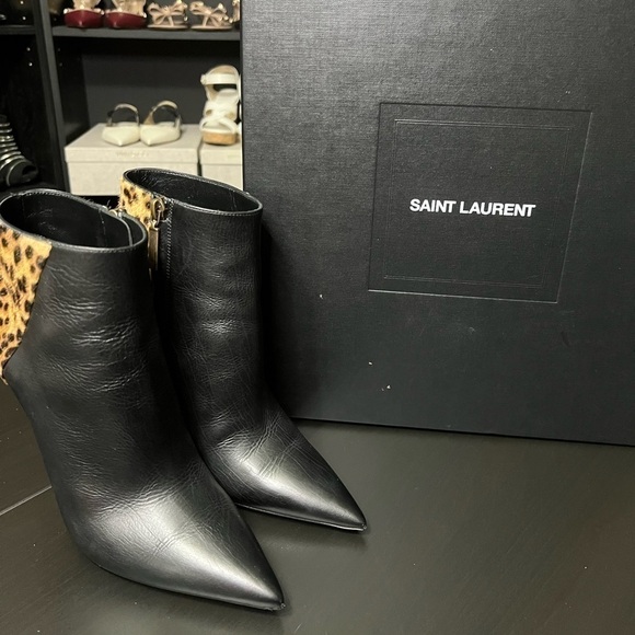 𝅺YSL Kiki Leopard-print Calf Hair And Leather Ankle Boots In Black 37.5 - Picture 1 of 9